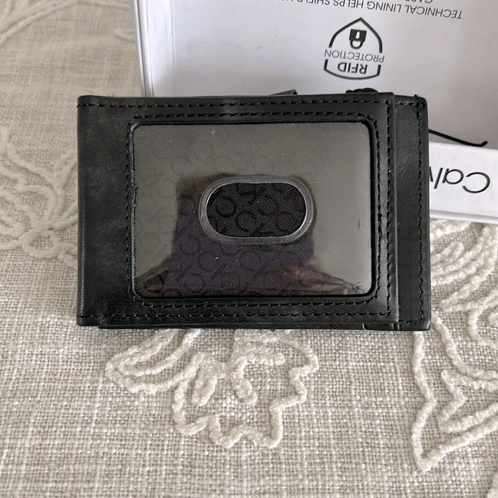Calvin Klein NIB Logo Black Slim Bifold Card Holdee with RFID Protection
